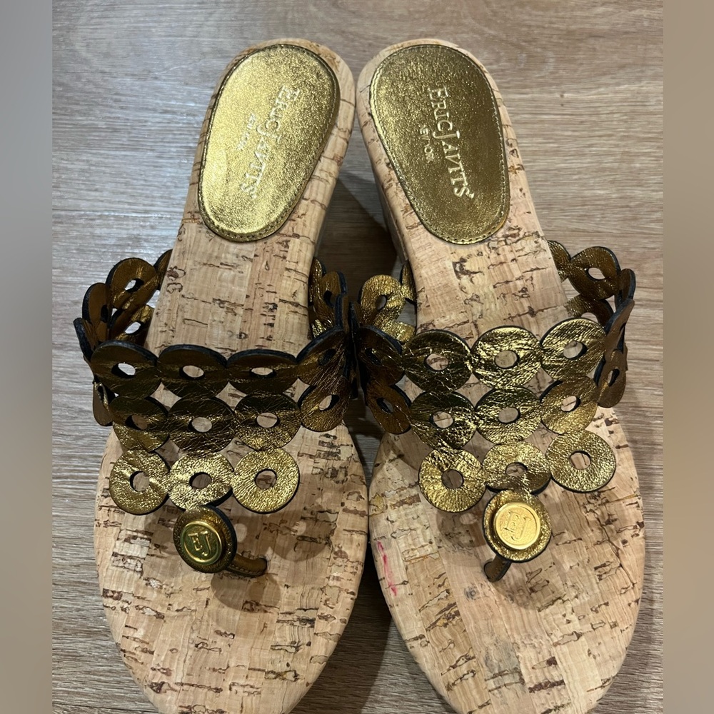 Eric Javits Gold and Tan Wedge Sandals - Picture 2 of 4
